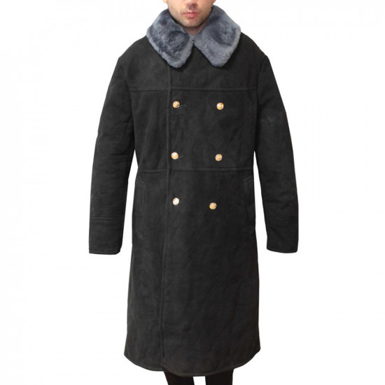 Manteau d'hiver noir vintage de l'armée soviétique en cuir suédé