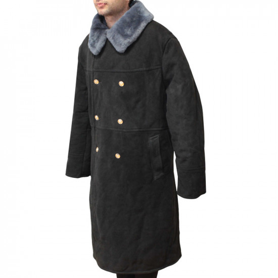 Manteau d'hiver noir vintage de l'armée soviétique en cuir suédé