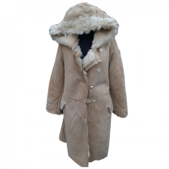 Manteau d'hiver à capuche en cuir suédé de l'armée soviétique vintage