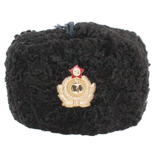 Hiver d`amiral naval russe soviétique fourrure d`astrakan noire originale et cuir ushanka chapeau earflaps