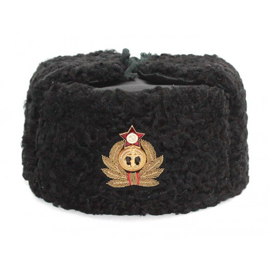 海軍海軍大将冬のオリジナル黒アストラカン毛皮と革のushankaが手製の花形帽章で帽子をかぶせるソビエトロシア