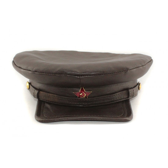 Exklusive sowjetischen natürlichen Leder russischen nkvd Typ braunen Visier Hut namens "komissarka"