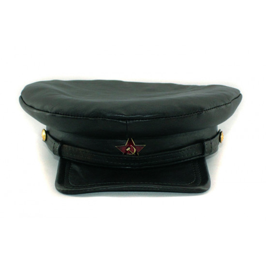 Nkvd rusos de cuero naturales soviéticos exclusivos escriben a máquina komissarka llamado del sombrero de visera negra