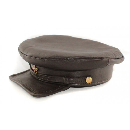 El tipo de nkvd ruso de cuero natural soviético exclusivo sombrero de la visera marrón llamó komissarka