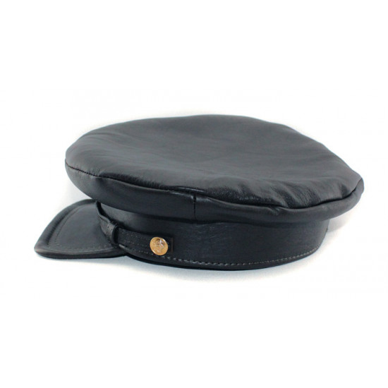 Exklusive sowjetischen natürlichen Leder russischen nkvd Typ schwarzen Visier Hut namens "komissarka"
