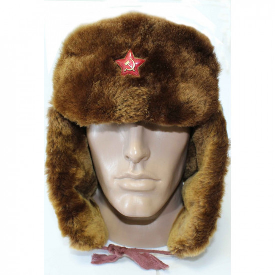 Sowjetischer russischer warmbrauner Uschanka Hut mit Kunstfell