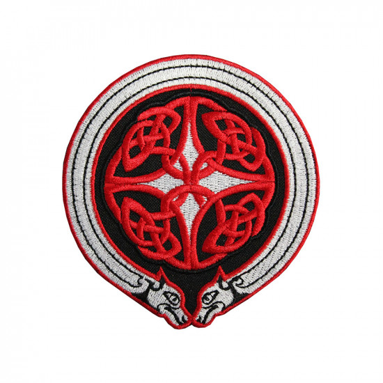 Rotes mythisches keltisches gesticktes Ornament zum Aufnähen / Aufbügeln / Klettverschluss