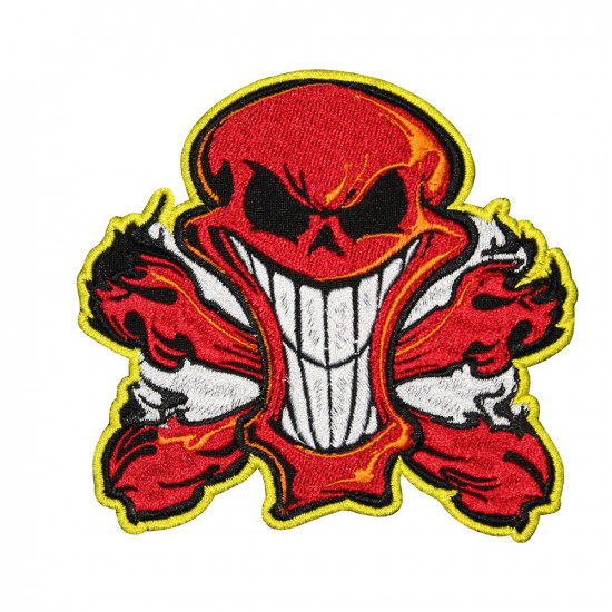Roter Totenkopf mit Feuer-Halloween-Stickerei zum Aufnähen / Aufbügeln / Klettverschluss