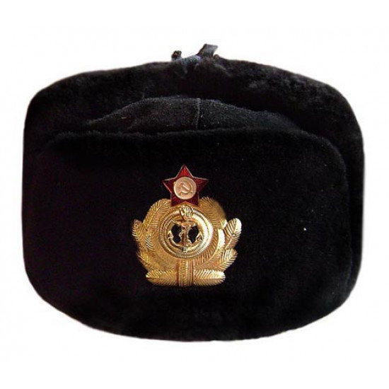 Hiver de fourrure d`officier naval russe militaire soviétique chapeau noir ushanka earflaps